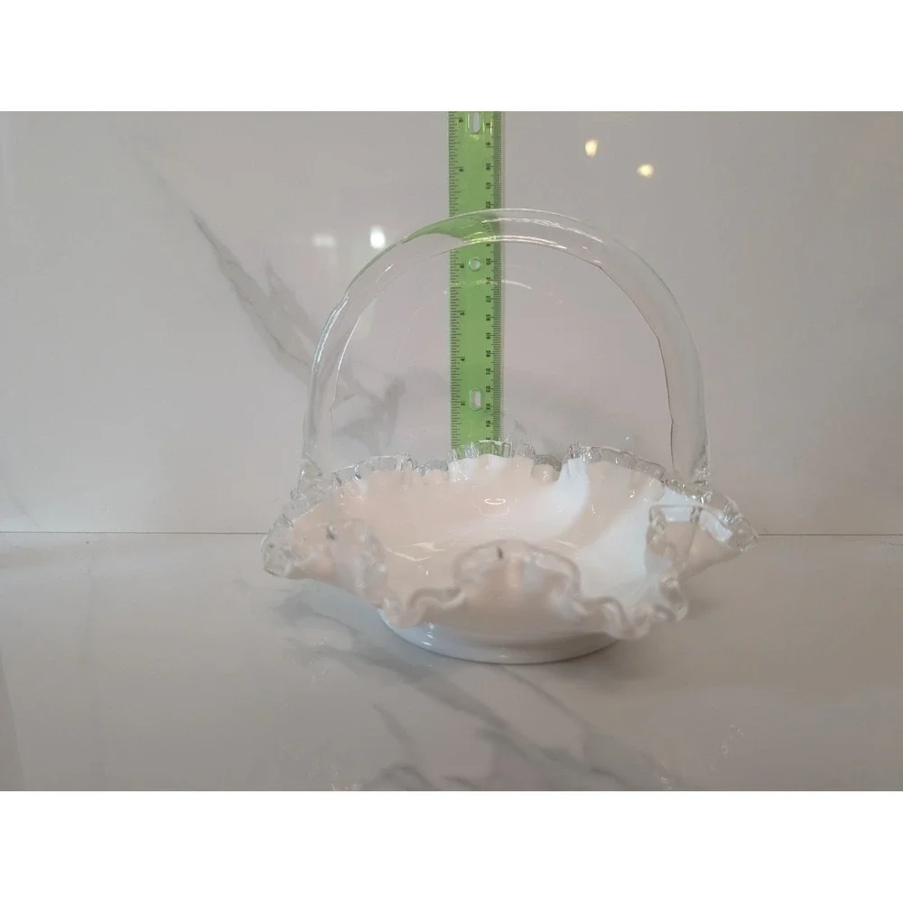 Fenton Milk Glass Basket White Silver Crest Ruffled Edge Clear Bamboo Handle